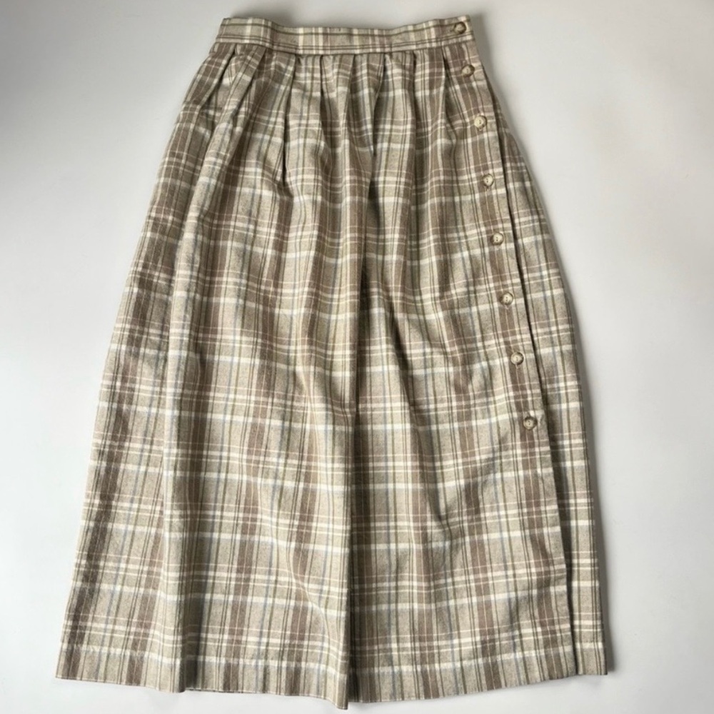 Vintage Plaid Flannel Midi Skirt Cotton Pleated Button Front Cottagecore Size 8